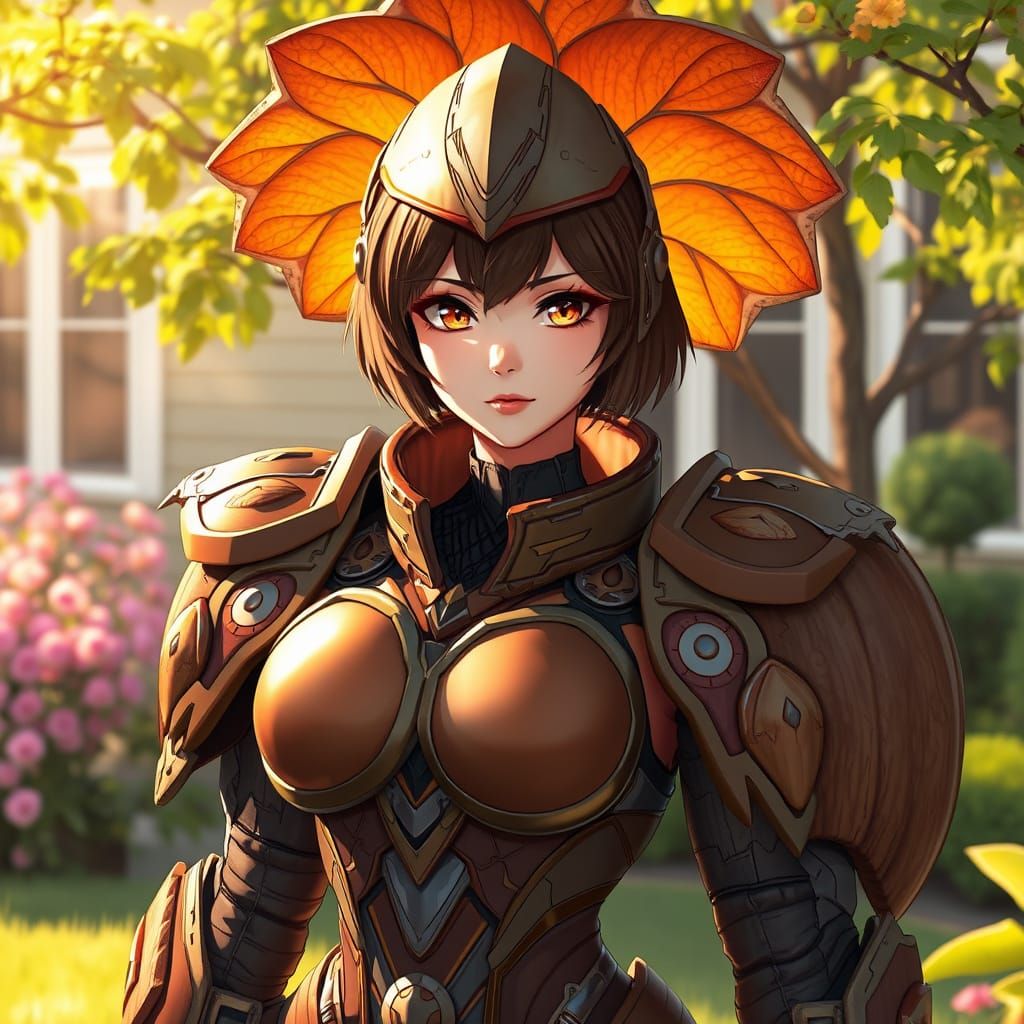 Anime Woman Fused with Nut Plant in Futuristic Style