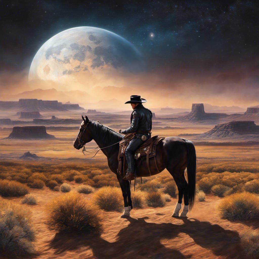 Space Cowboy on Cyborg Horse in Alien Landscape