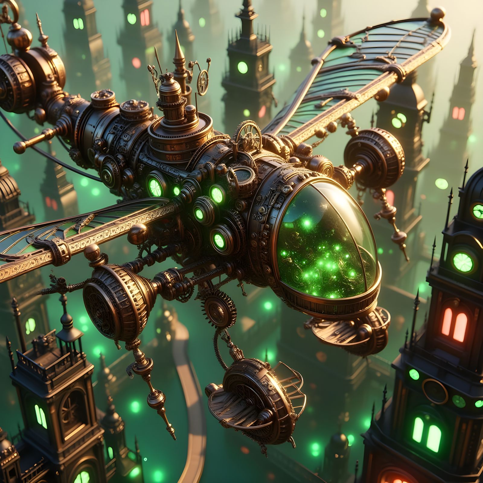 Victorian Steampunk Cityscape Soars with Intricate Ornithopt...