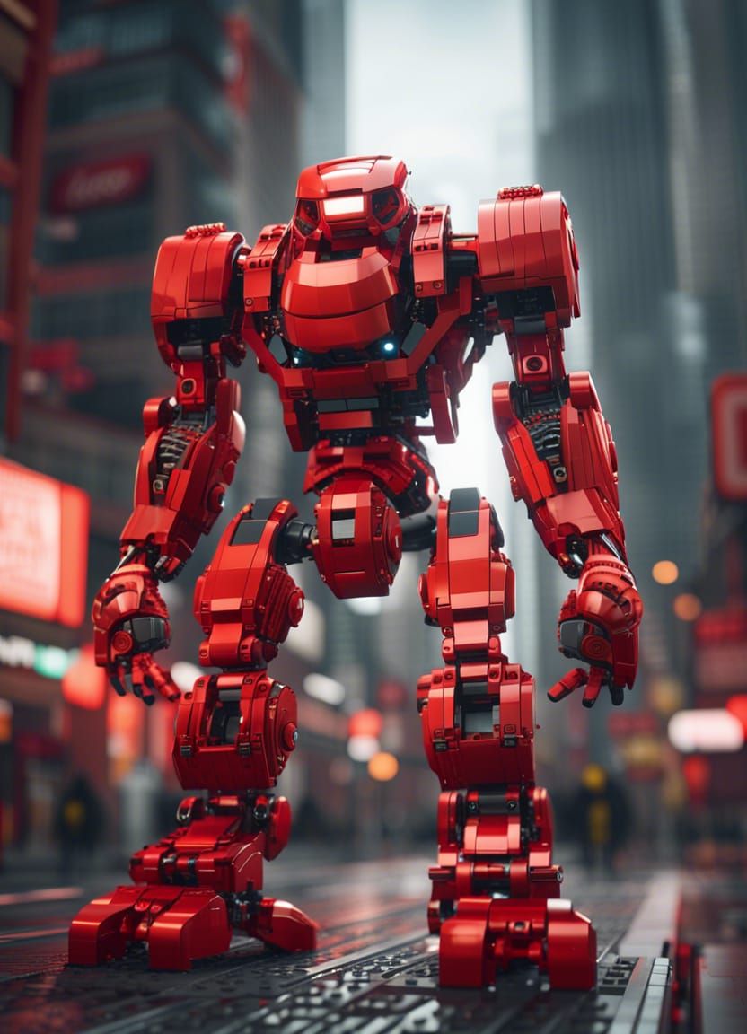 Giant Lego Robot in Futuristic City, 8K Render