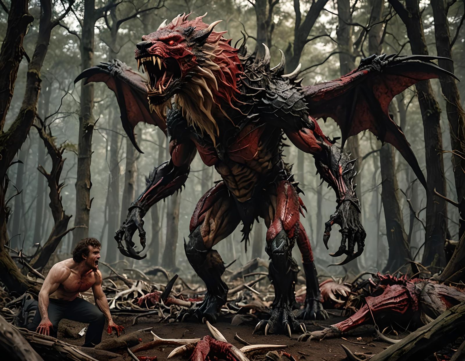 Horror Zombie with Dragon Wings in Blood Forest