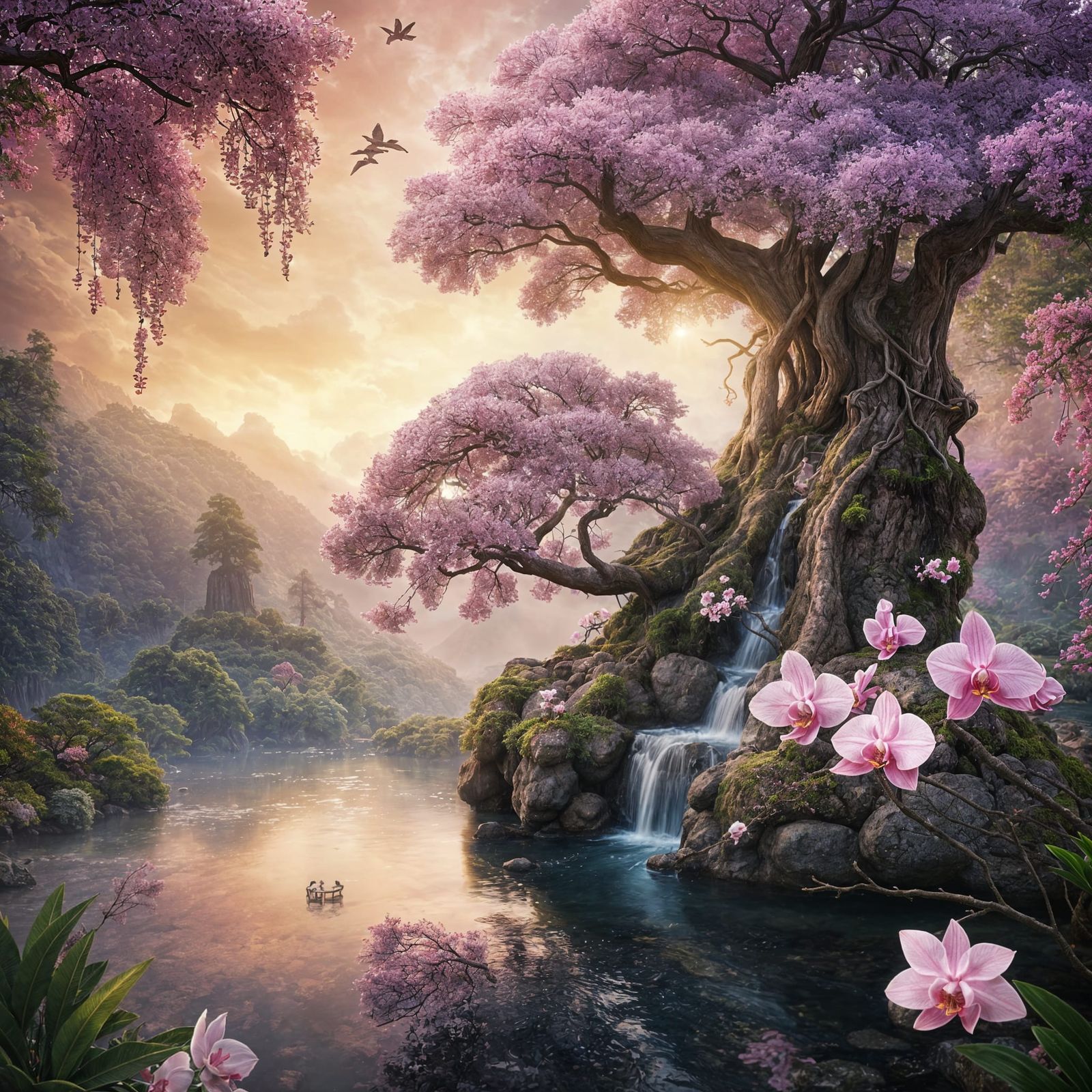 Serenely Adorned Bonsai Tree in Golden Light