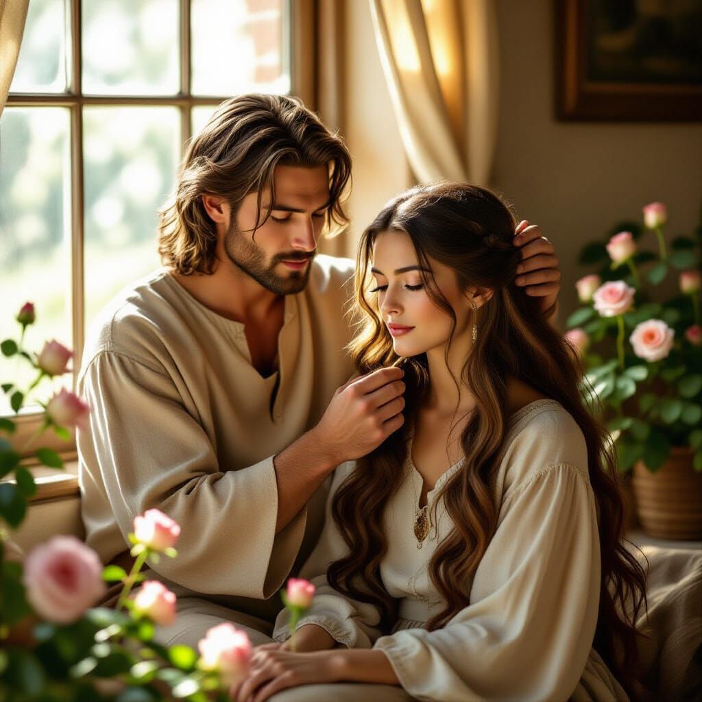 Intimate Moment: Man Combs Woman's Hair in Sunlight
