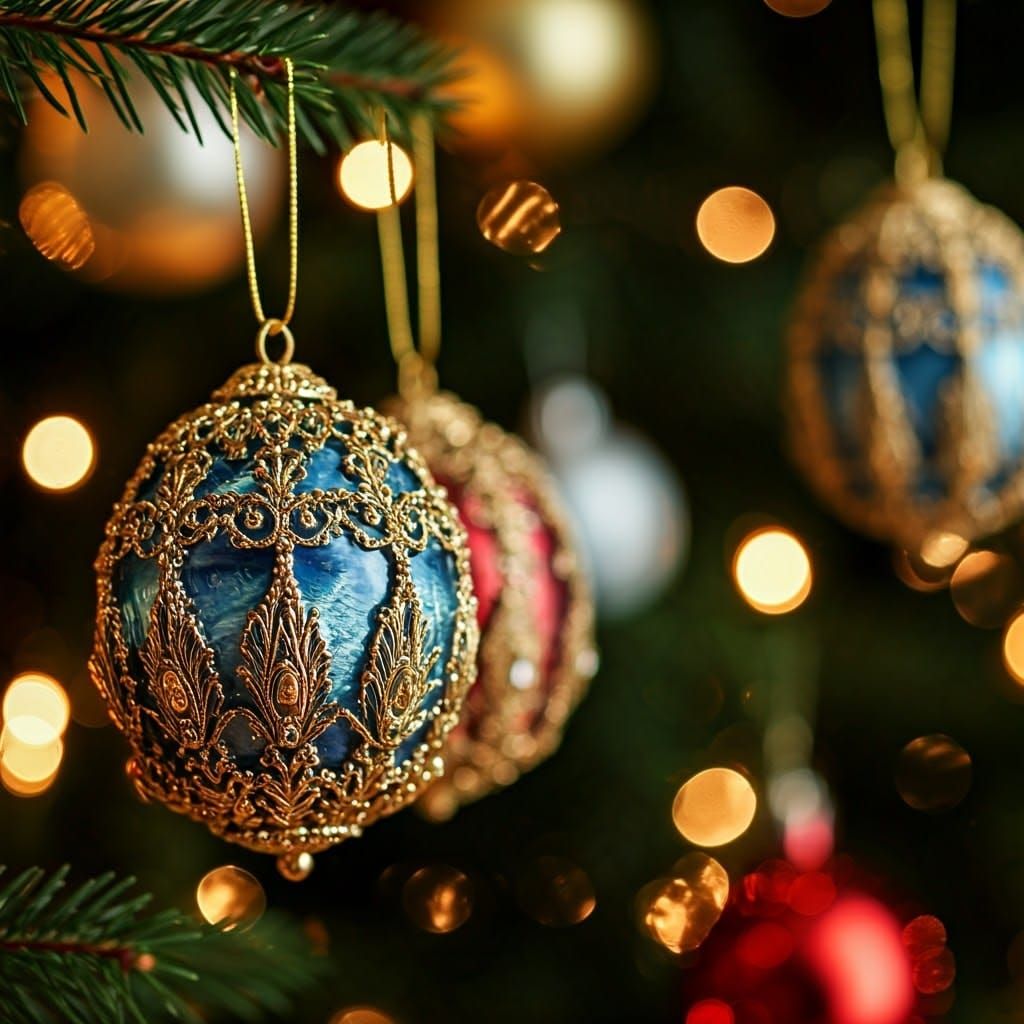 Golden Fabergé-Inspired Christmas Ornaments on Velvet