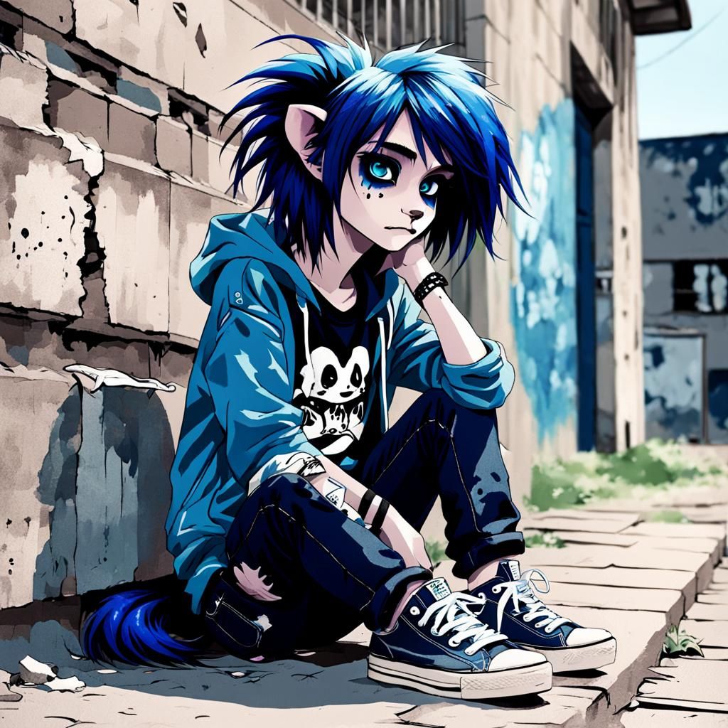 Emo Skunk with Midnight Blue Hair in Depression