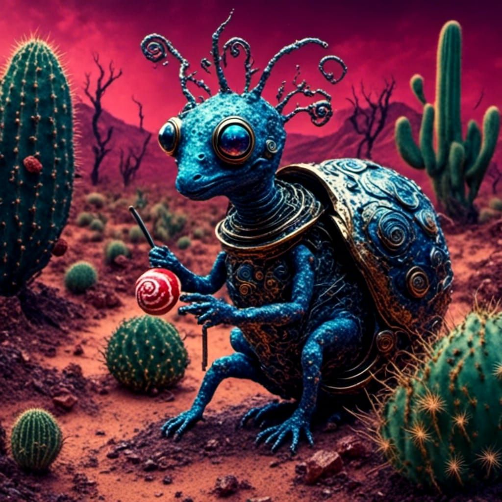 Cute Lizard with Lollipop in Cactus Desert