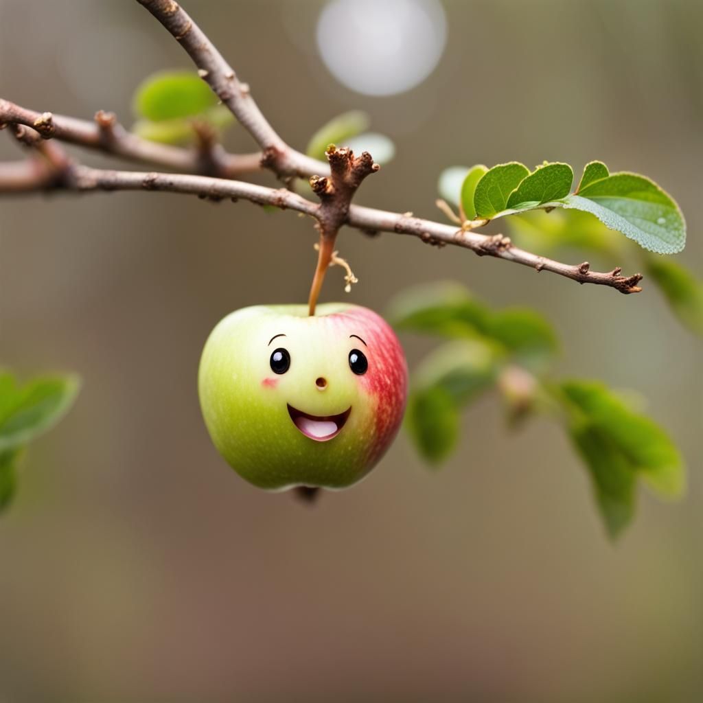 Cute Chibi Apple Dangles From Twig: Macro Photo