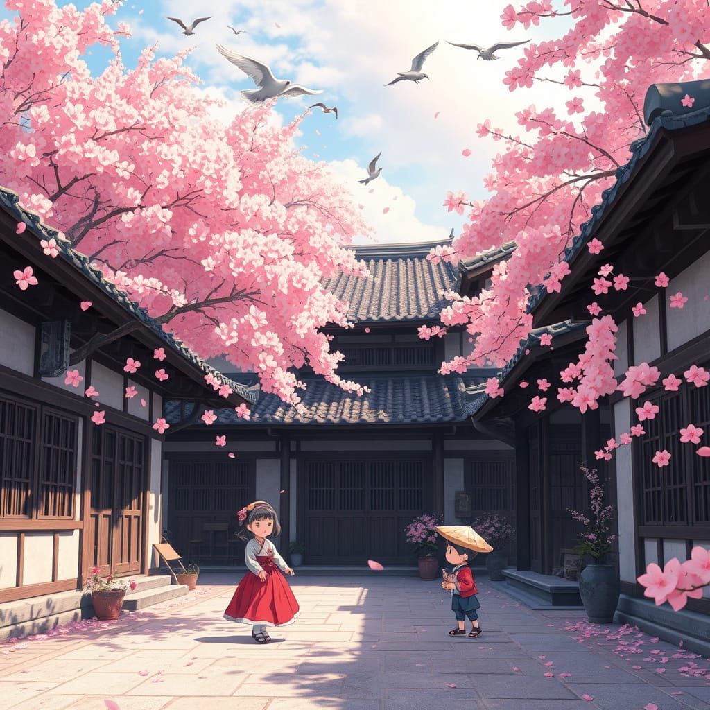 Traditional Korean Villages Under Cherry Blossom Blooms in S...