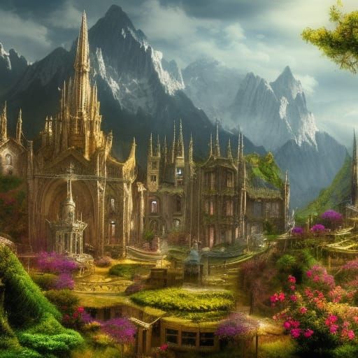Elven City in Mountain Valley: Fantasy Concept Art