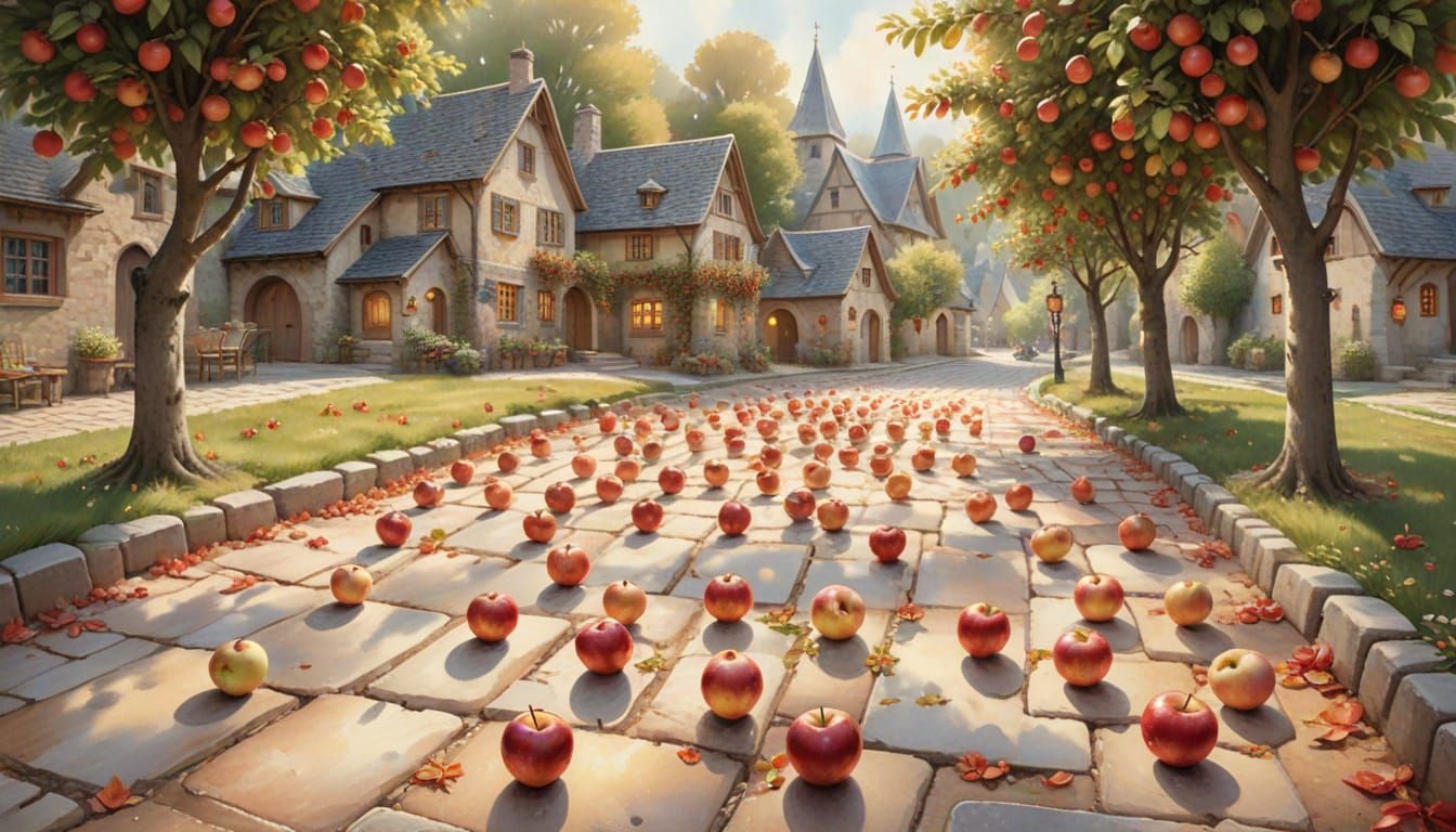 Glowing Apples Descend on Sunlit Village Square