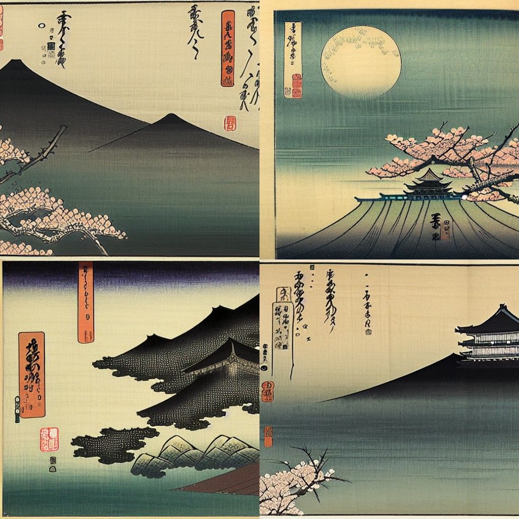 Japanese Castle Moonscape in Ukiyo-e Style
