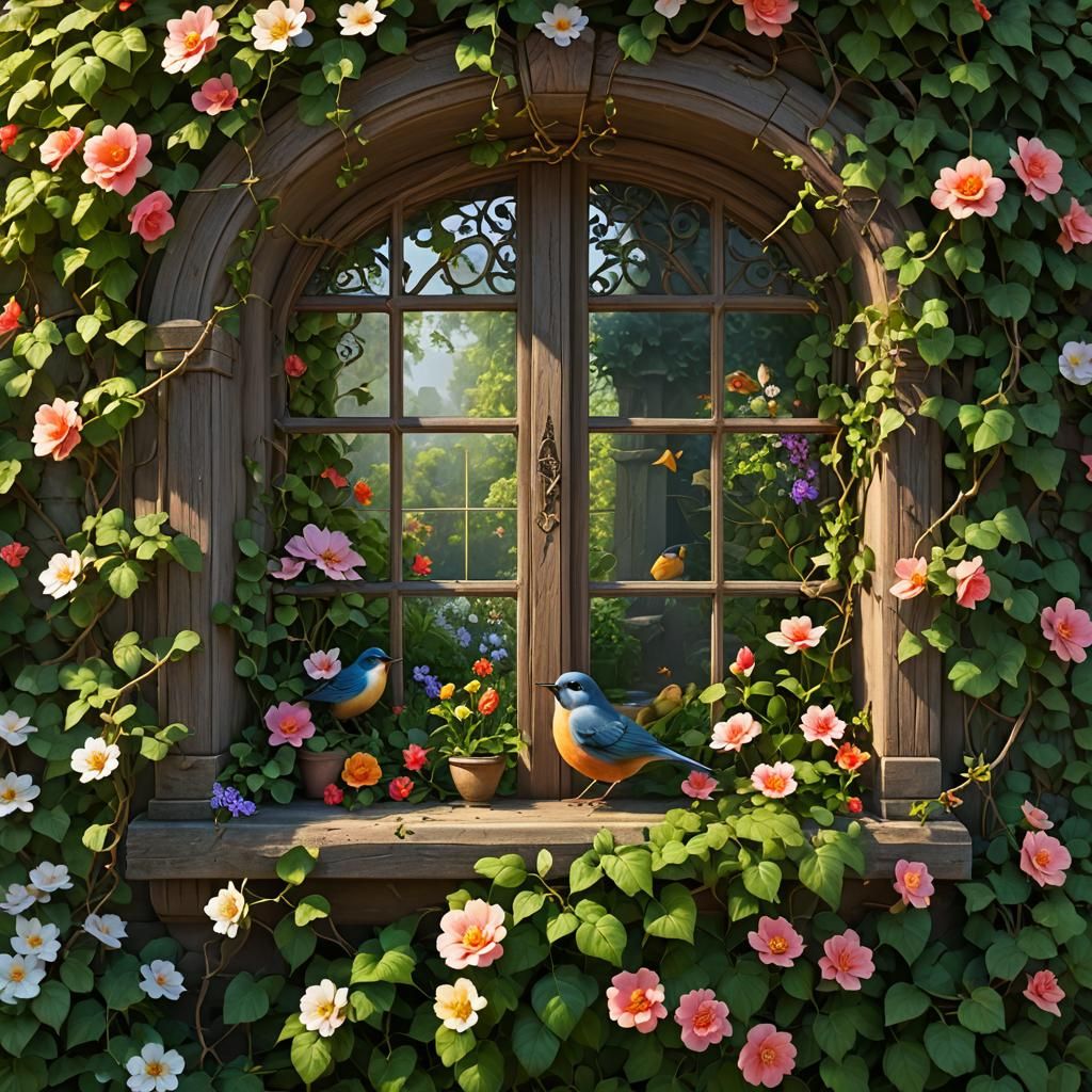 Cottage Window with Bird, Detailed Matte Painting