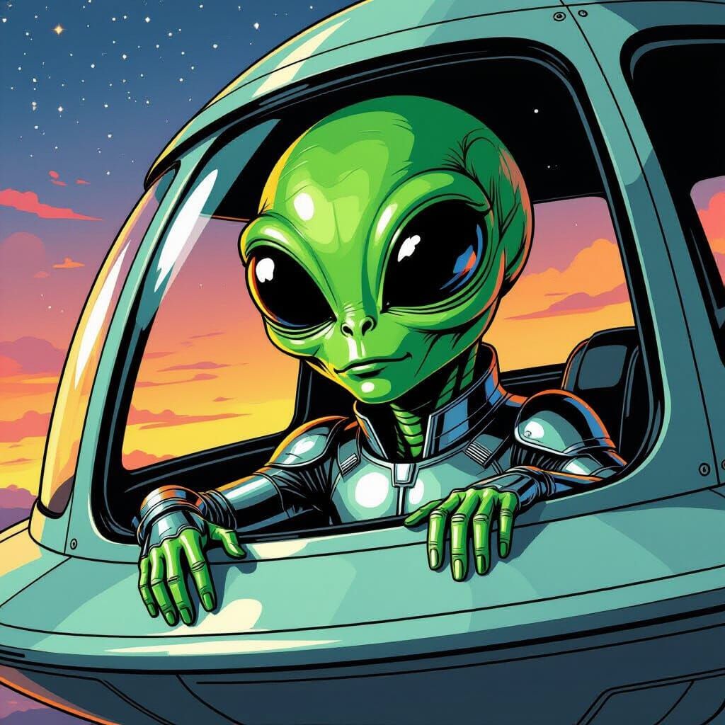Green Alien Peeking from UFO in Comic Book Style