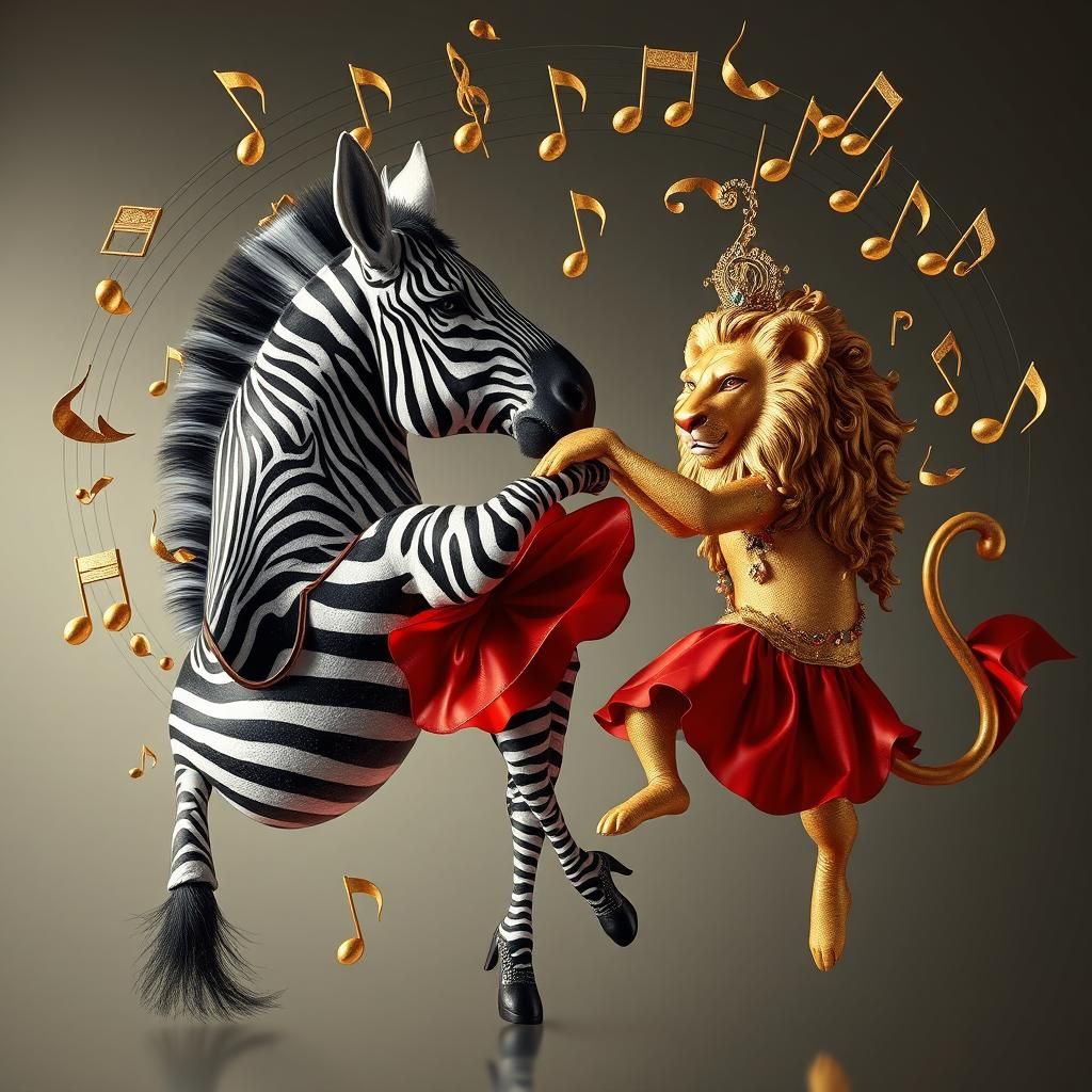 Zebra and Lioness Tango with Musical Notes