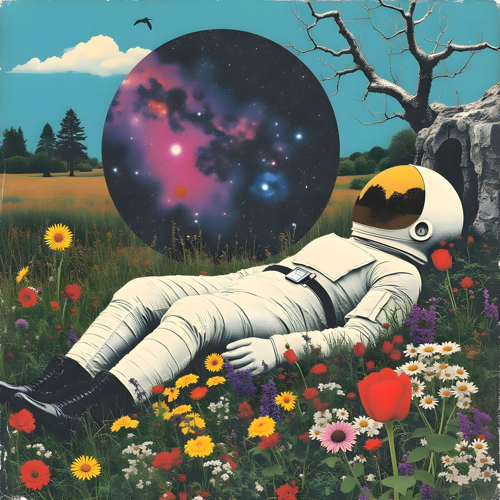 Astronaut Surrounded by Vibrant Garden and Starry Night Sky