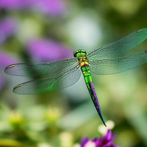 Iridescent Dragonfly in Magical Flower Garden