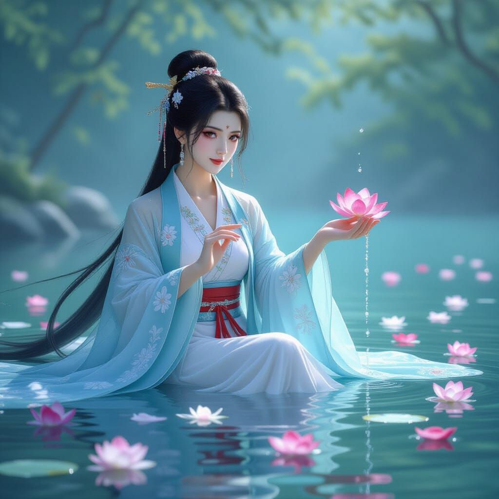 Mythological Water Spirit in Hanfu Dress with Flower Petals