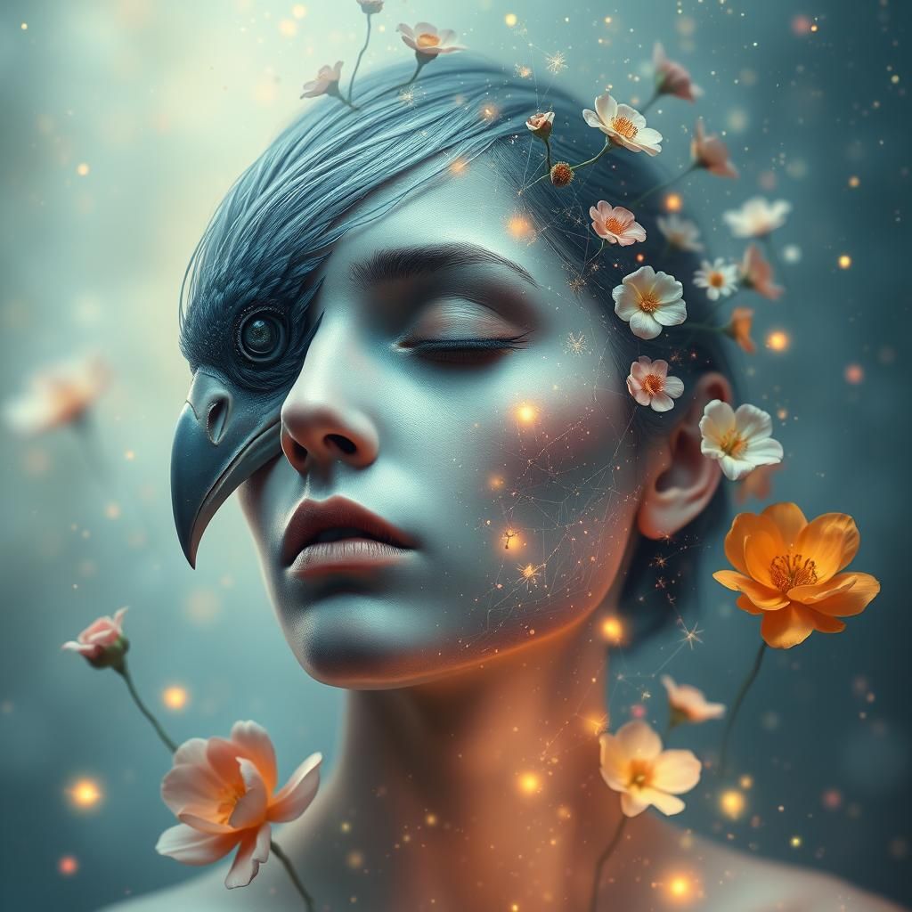 Surreal Bird-Human Face with Cosmic Flowers