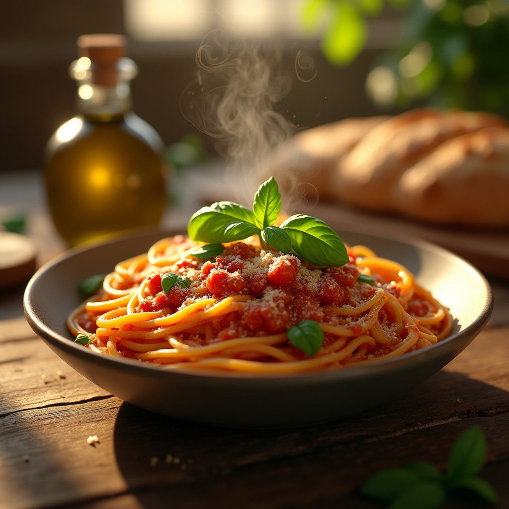 Rustic Pasta Dish with Basil in Fantasy Art Style