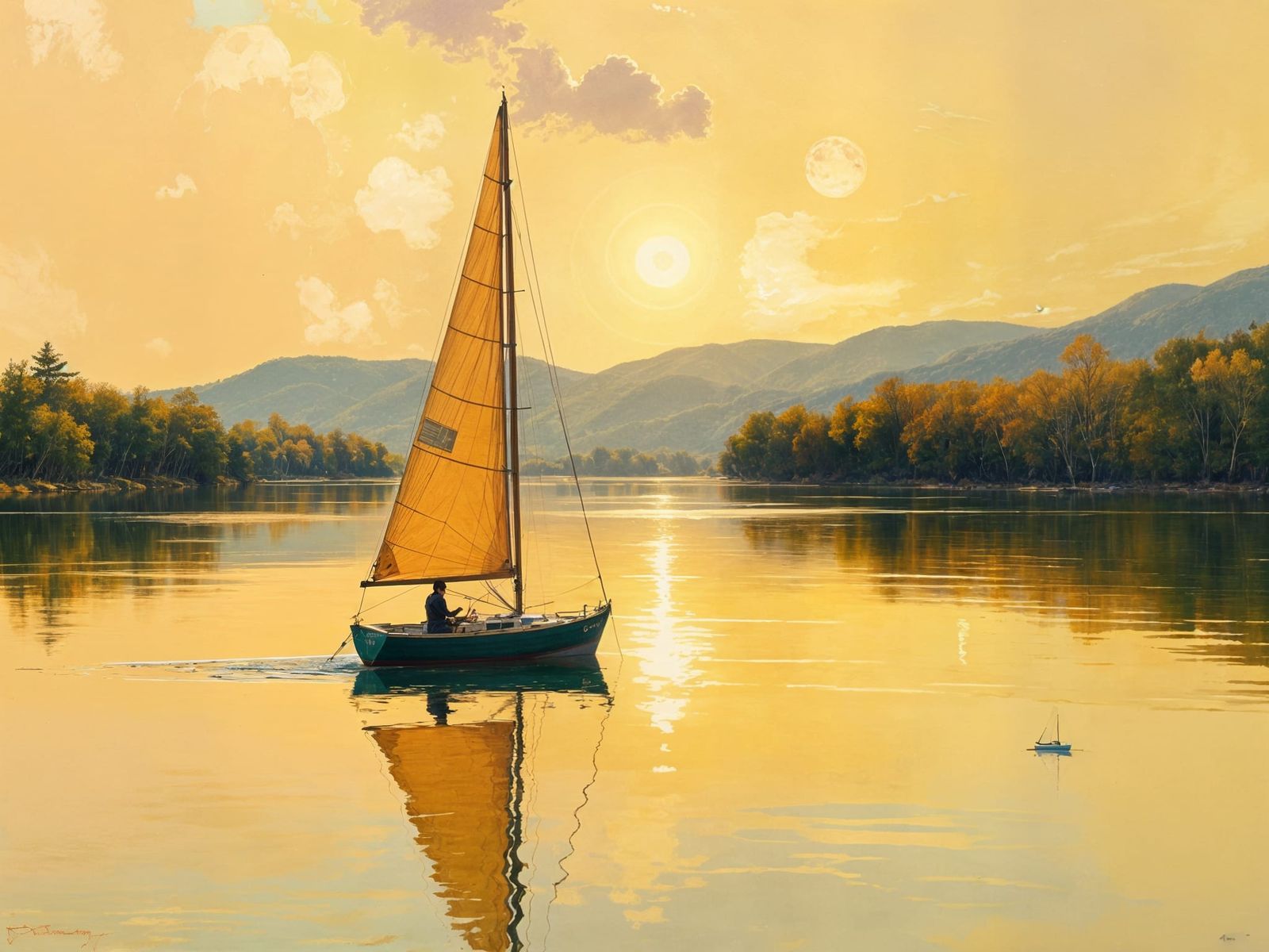 Solitary Sailboat at Sunset on a Glassy Lake