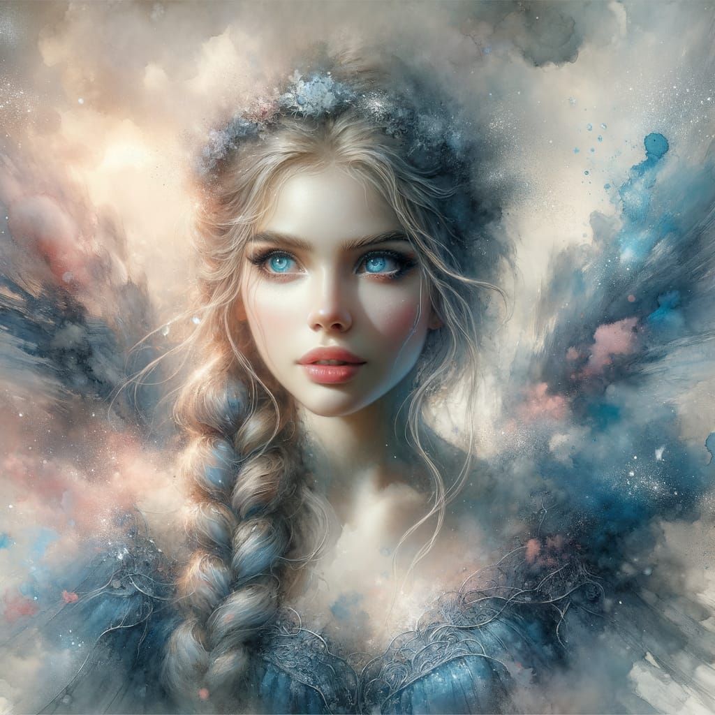 Ethereal Norse Goddess in Springtime Sunset, Watercolour