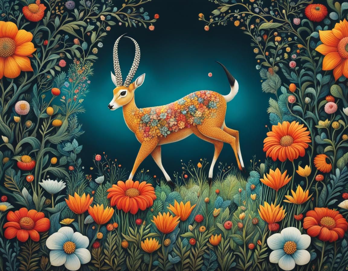 Gazelle Running Through Flowers in Mixed-Media Style