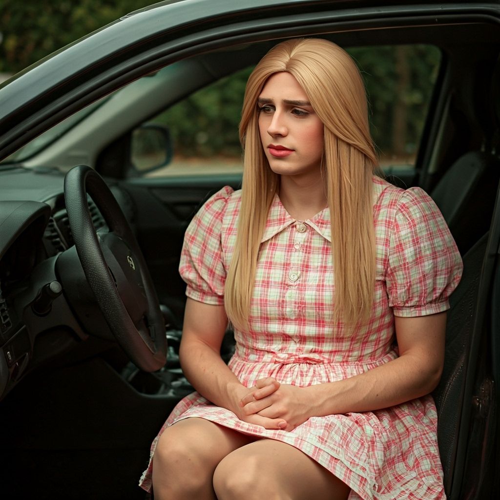 Feminine Young Man in Girly Dress with Woman in Car