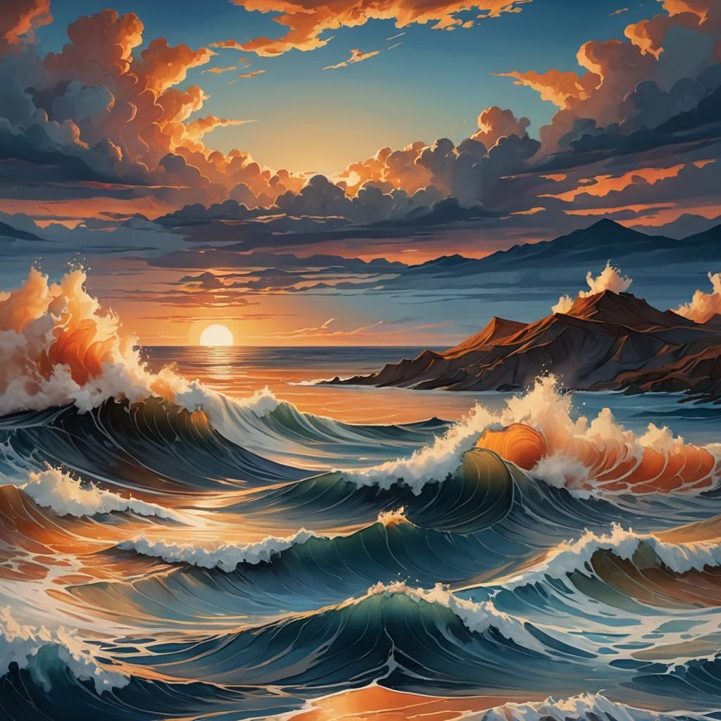Ocean Sunset Digital Painting in O'Keeffe Style