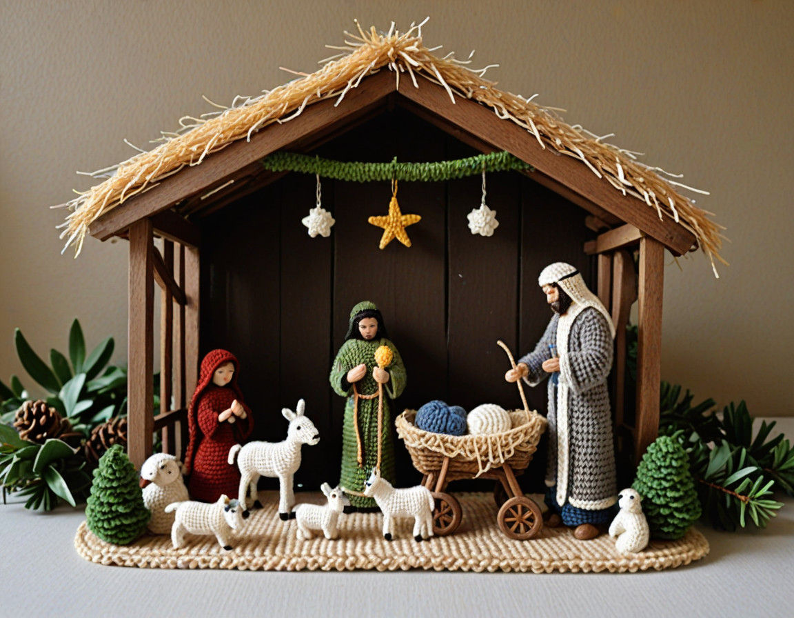 Handmade Yarn Crochet Art Christmas Crib Scene