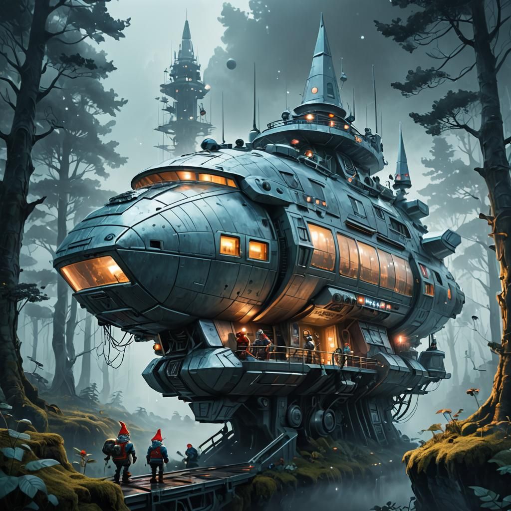 Gnomes Build Spaceship in Expressionistic Digital Art