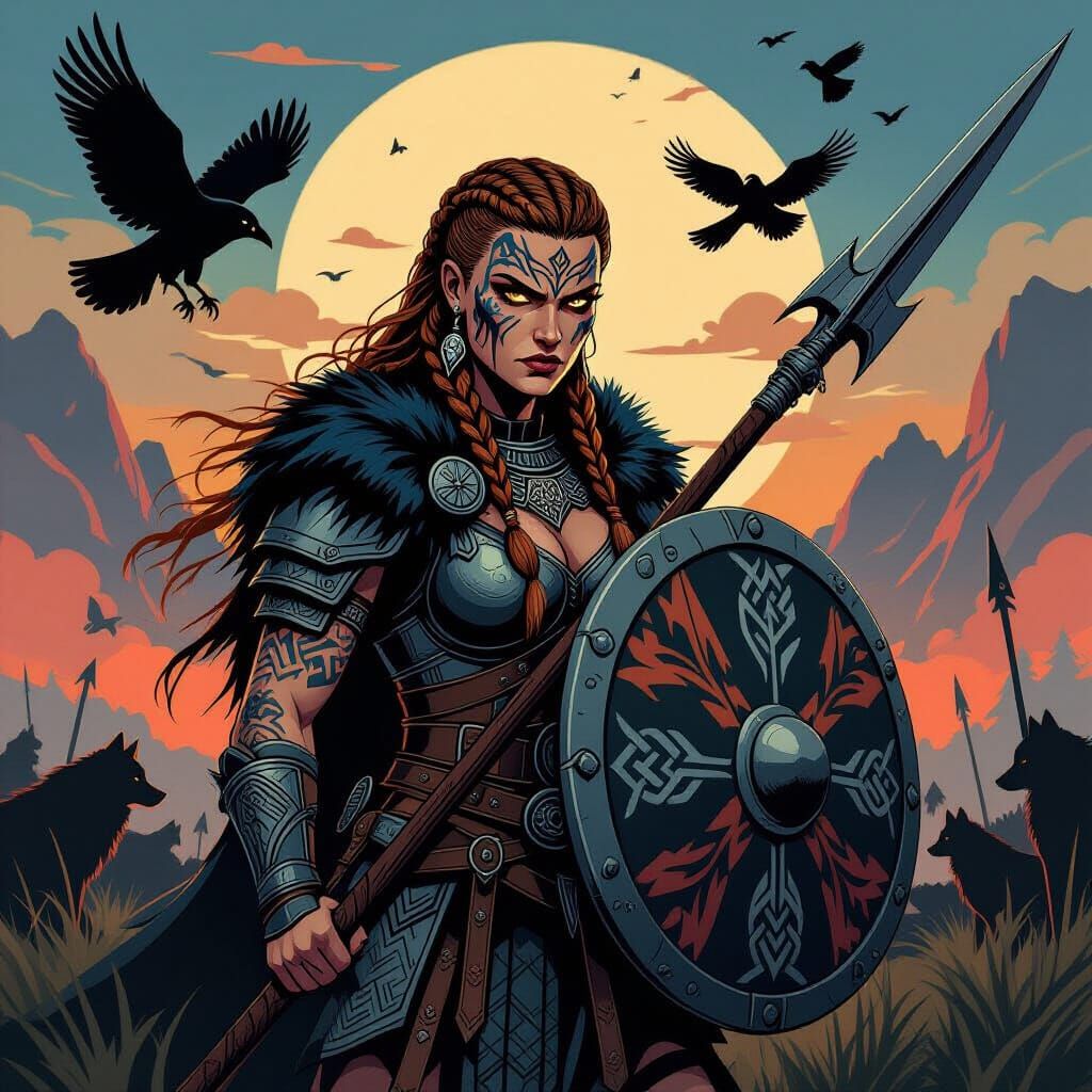 Norse Shieldmaiden with Spear in Graphic Tattoo Style