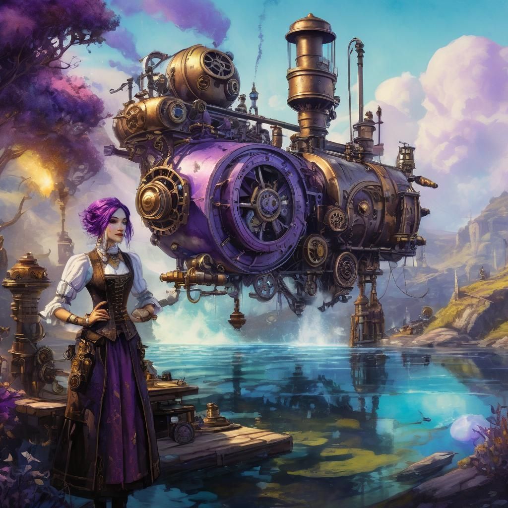 Fantasy Manufacturer and Fairy in Watercolor Landscape