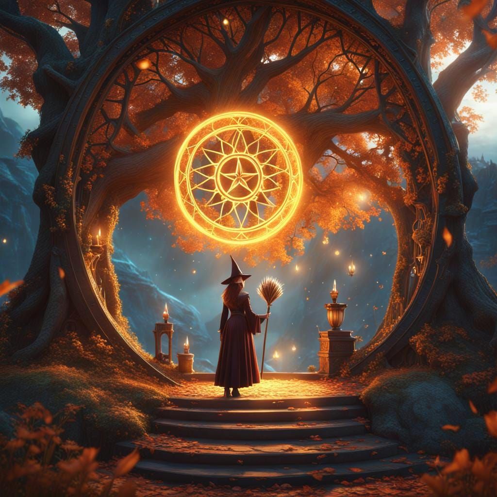Young Witch Casting Spell with Tree of Life