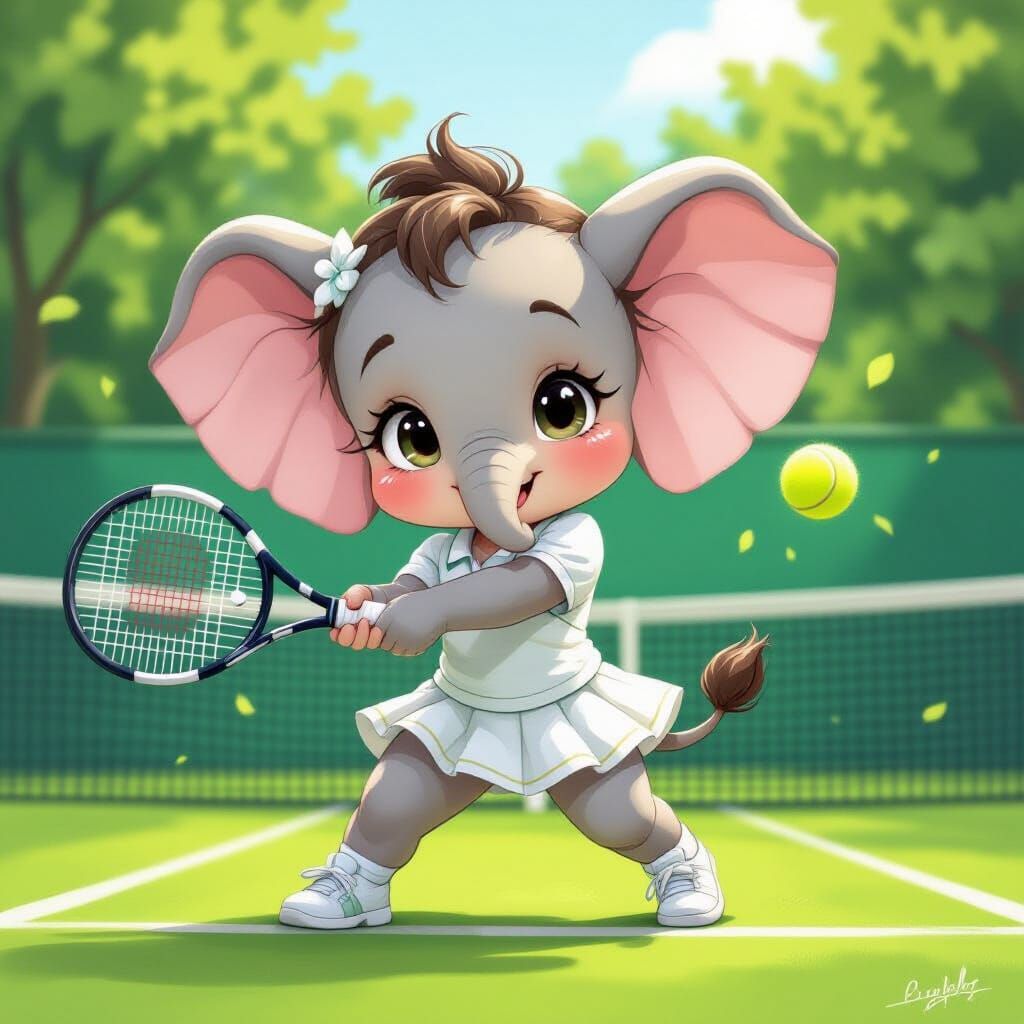 Chibi Elephant Girl Plays Tennis on Wimbledon Court