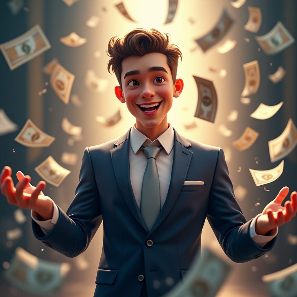 Financial Triumph: Hyperrealistic Young Man Amidst Money
