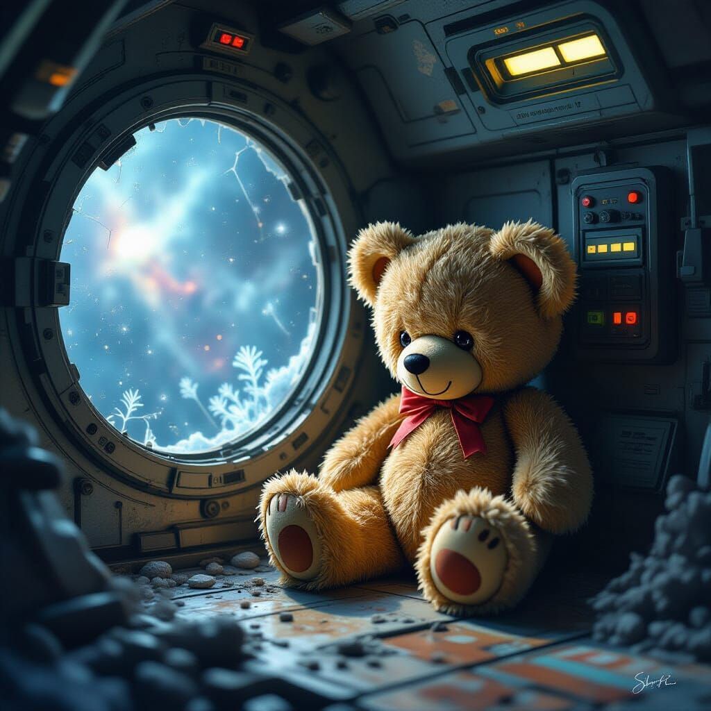 Lonely Teddy Bear on Abandoned Spaceship Console