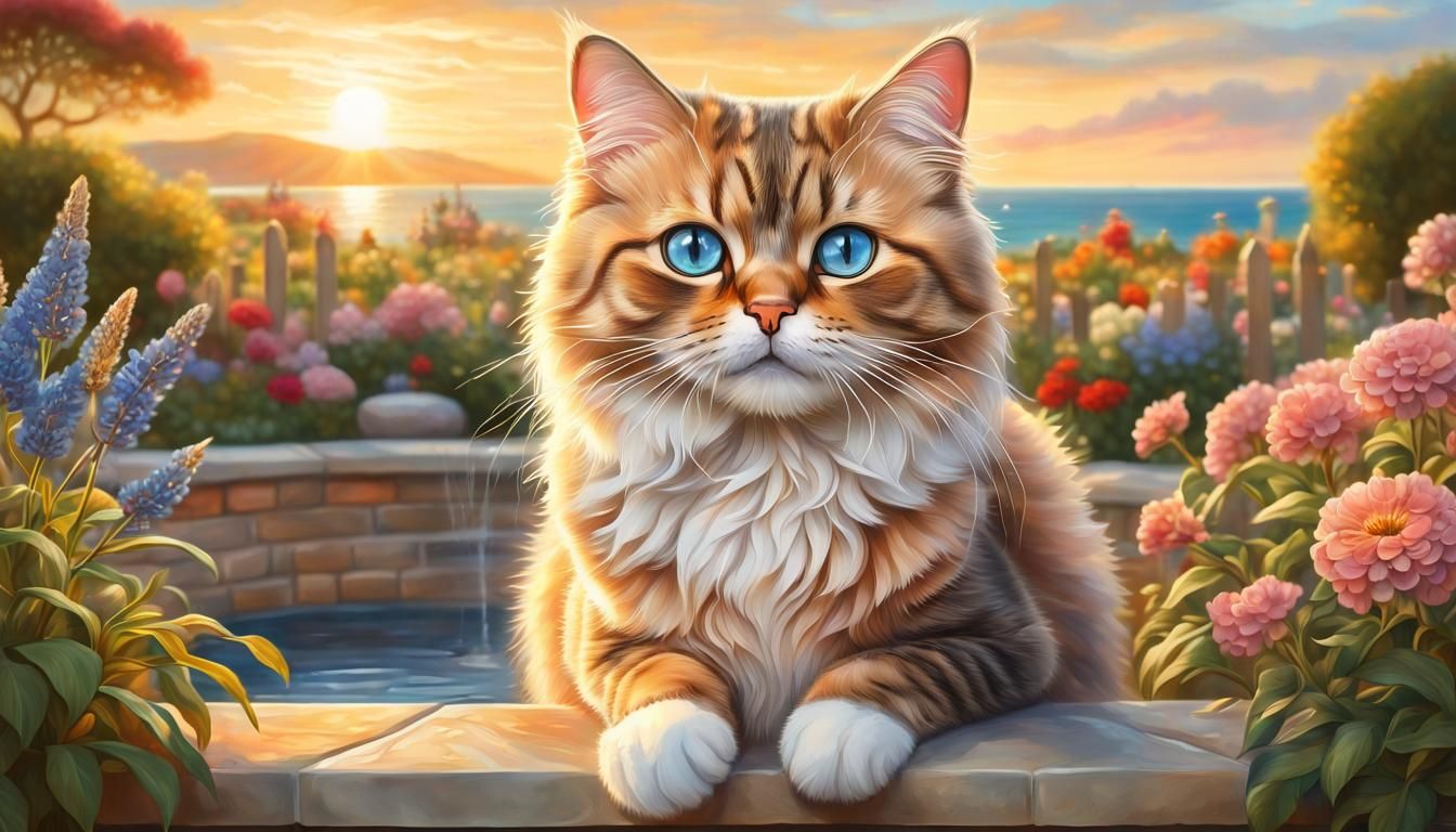 Cute Cat in English Garden Illustration