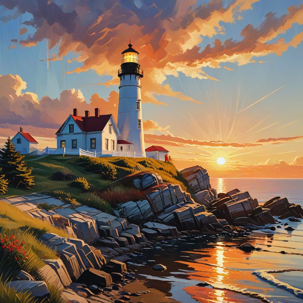 Cape Elizabeth Lighthouse Sunset in Gouache Style