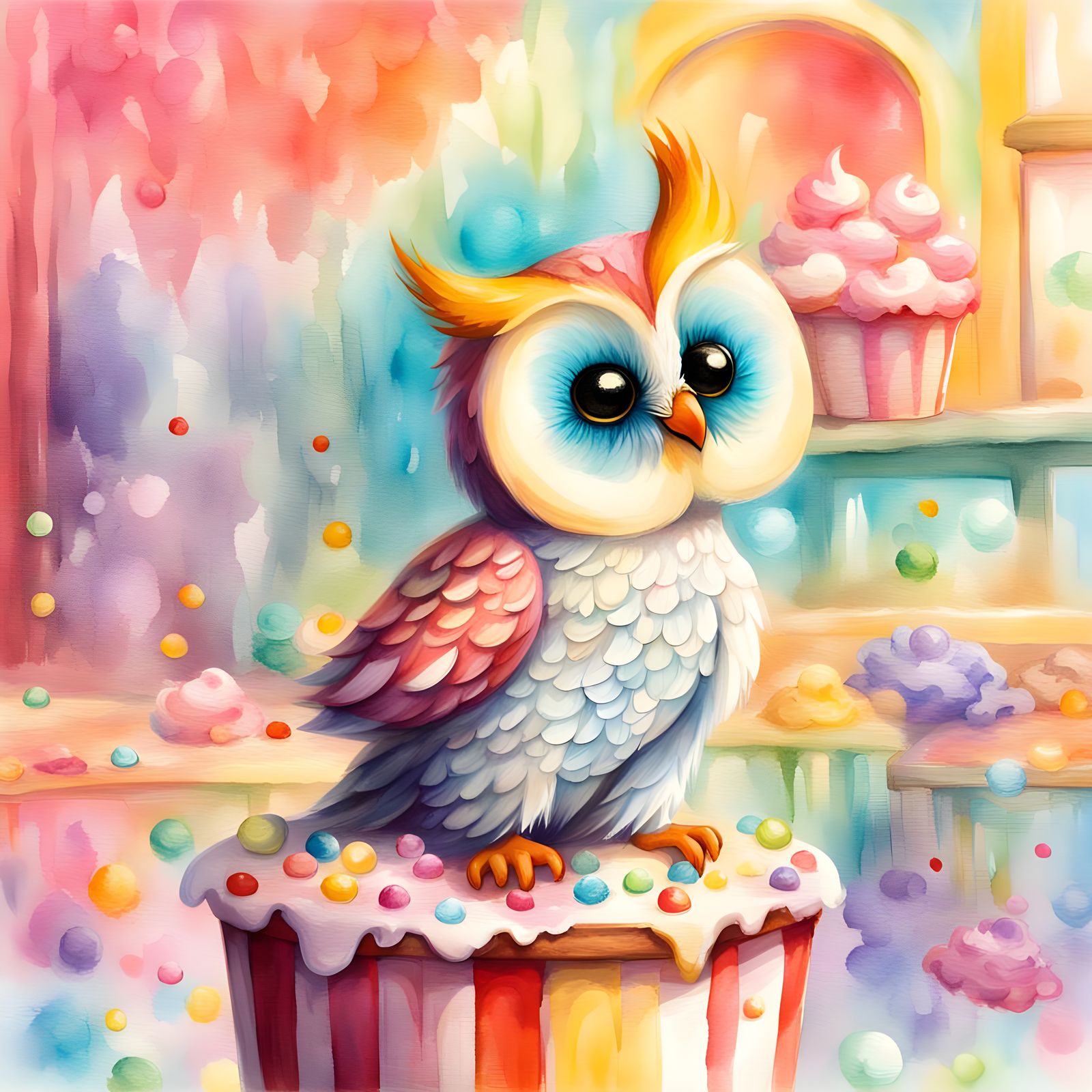Whimsical Owl Visits Creamy Ice Cream Parlor