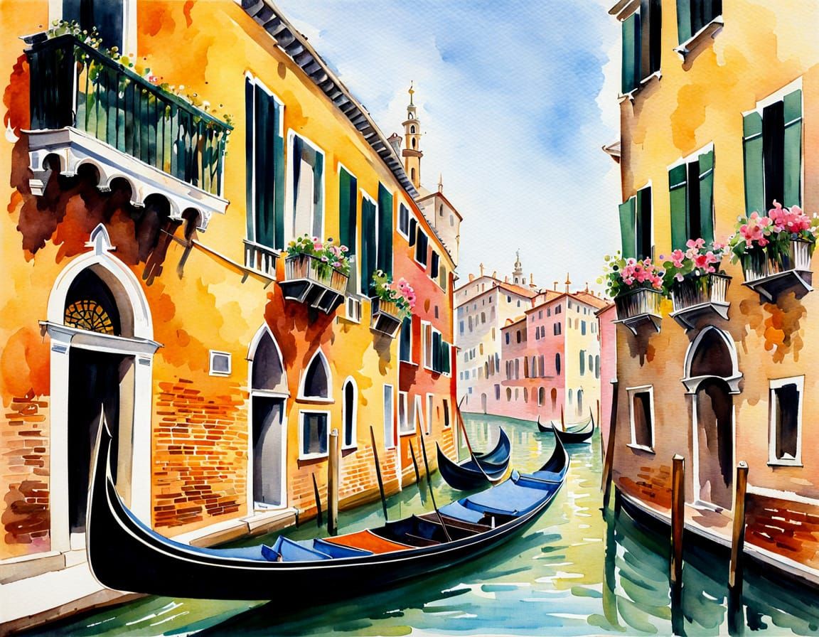 Venetian Canal Scene with Gondola in Watercolor Style