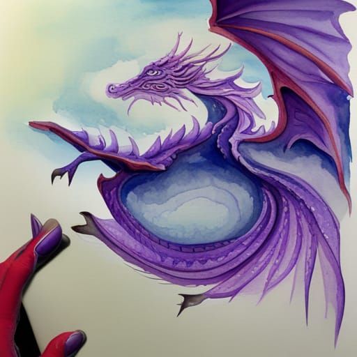 Watercolor Purple Dragon in Cave