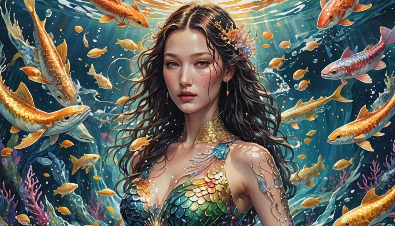 little light beings under the ocean water. Bella Hadid as a little siren. 8k resolution concept art Nihonga hyperdetaile...