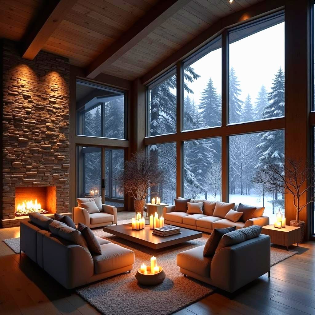Cozy Log Cabin Living Room in Winter Landscape