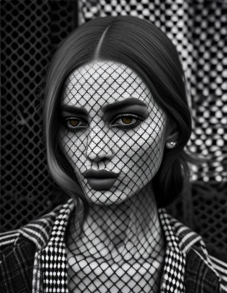 Checkerboard Woman Portrait in Pastel Line Art