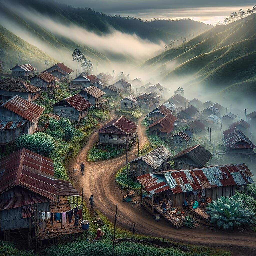 Serene Rural Village in Mountainous Landscape Photograph