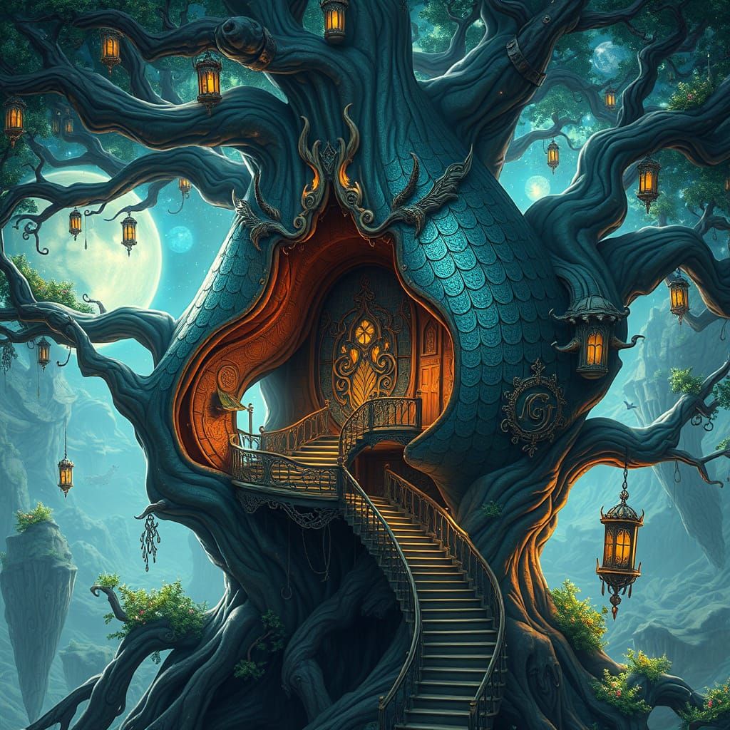 Epic Dragon's Egg Treehouse Amidst Ancient Tree and Nebulae