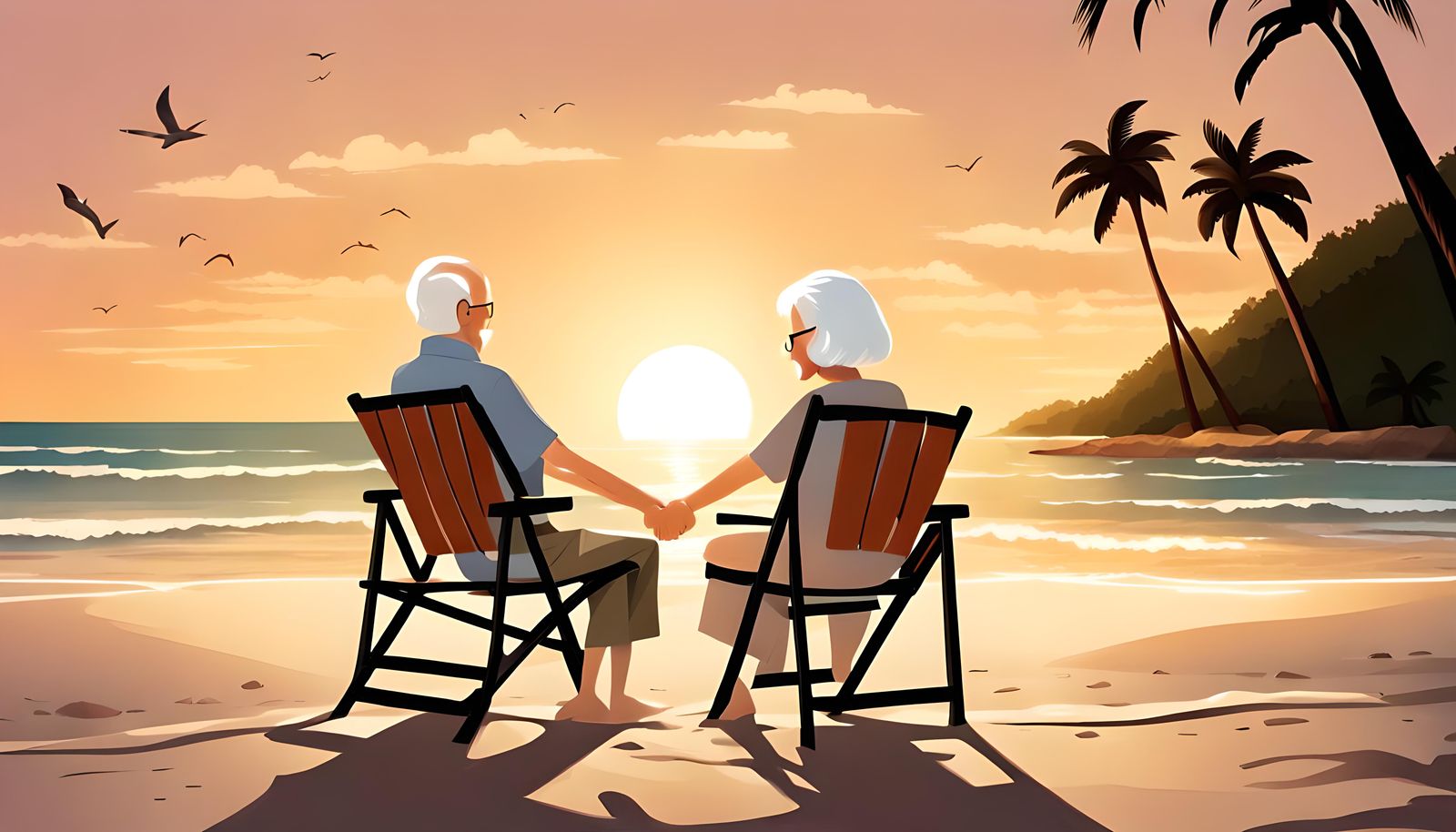 Romantic Sunset Scene with Elderly Couple