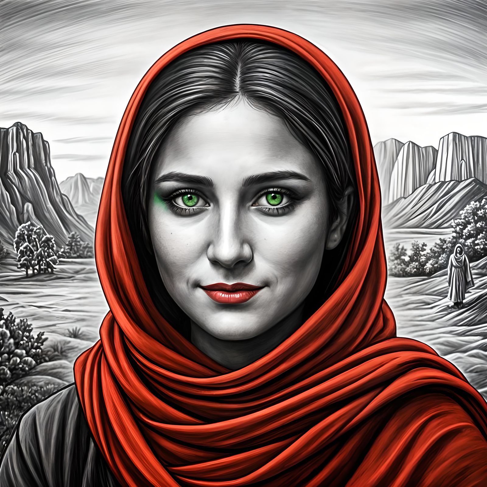 Afghan Girl Pencil Sketch with Selective Color