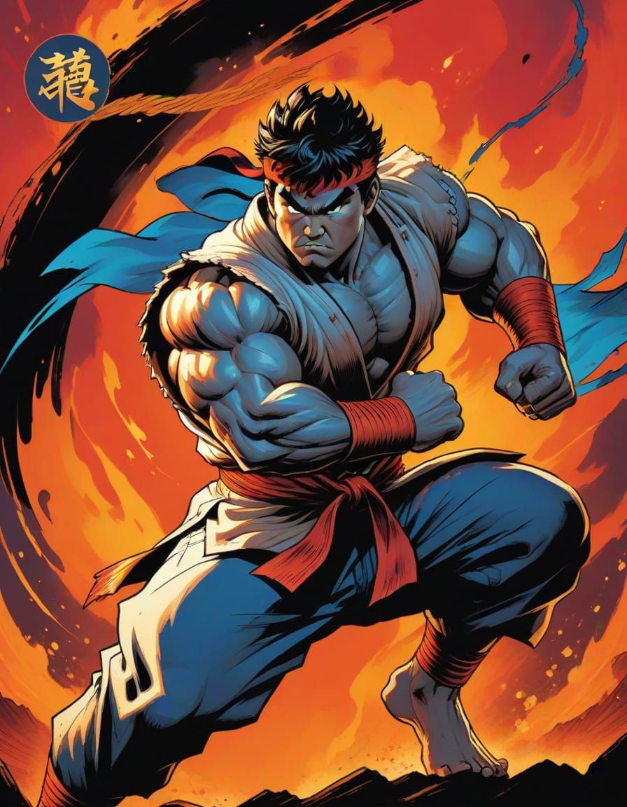 Ryu in Fiery Stance: Comic Book Style Art