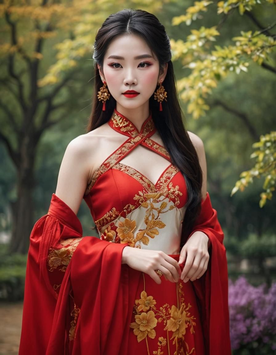 Portrait of Young Woman in Red Dress